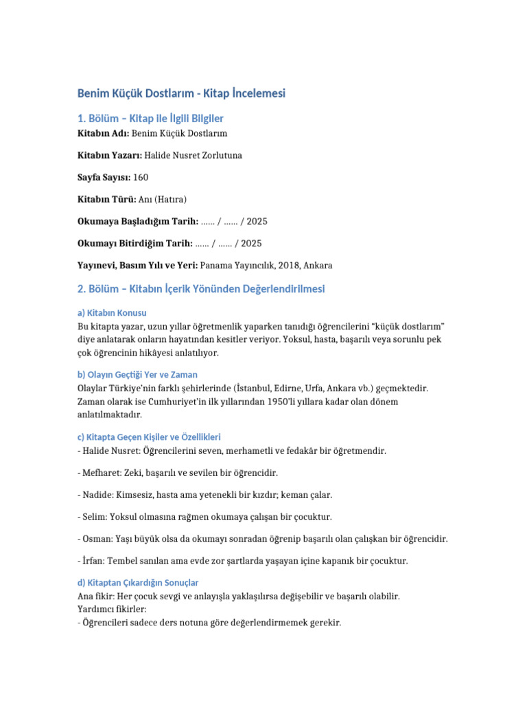Benim Kucuk Dostlarim Kitap Incelemesi PDF
