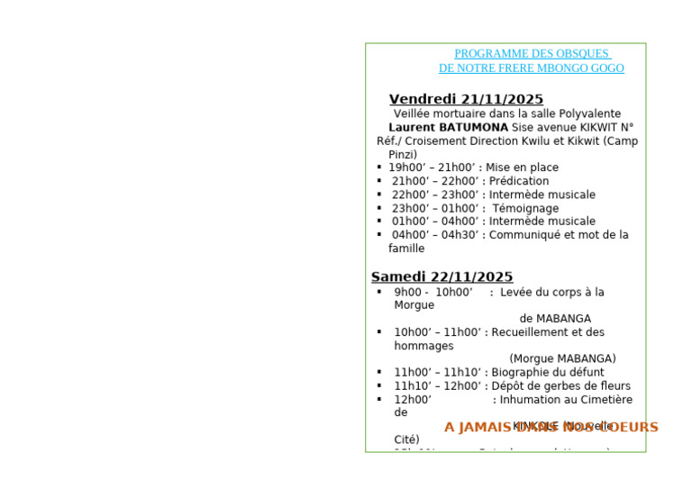 Programme des obsèques de Mbongo Gogo | PDF
