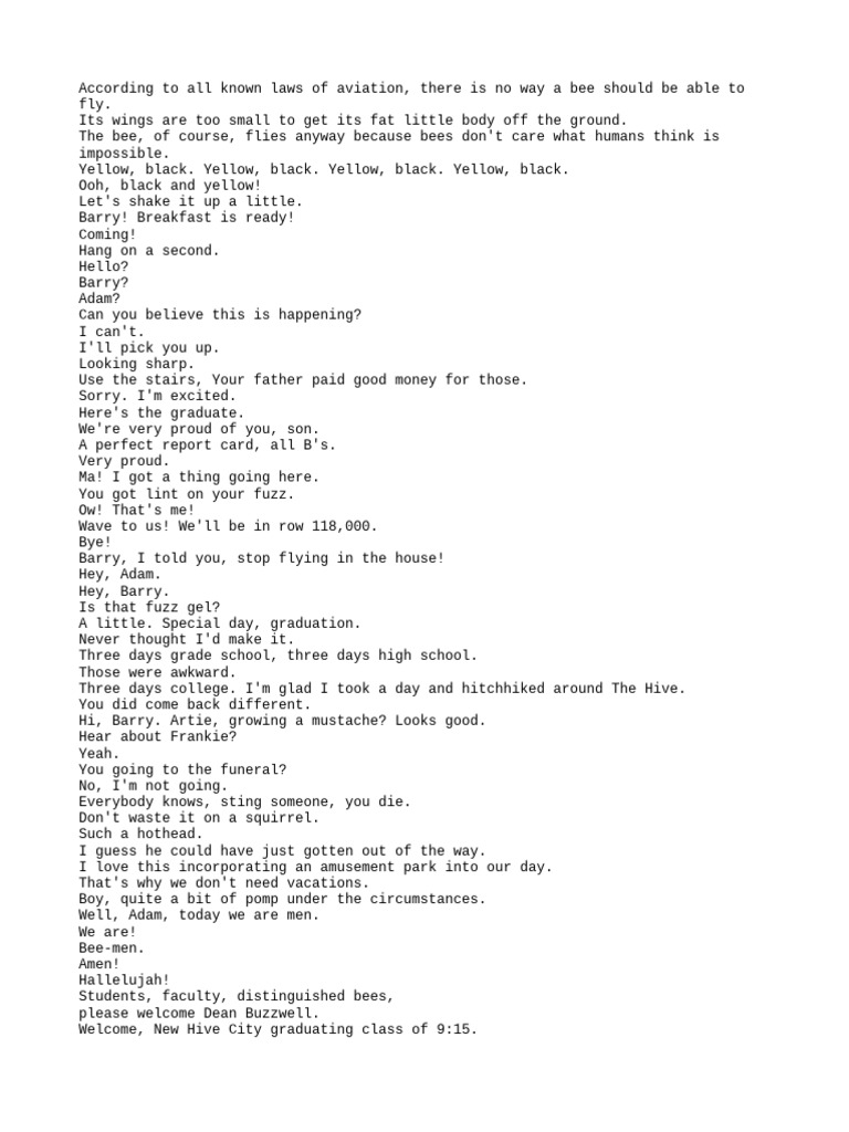 Bee Movie Script Excerpt: Barry's Journey | PDF
