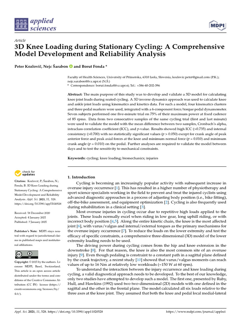 3D Knee Loading During Stationary Cycling - A Comprehensive Model ...