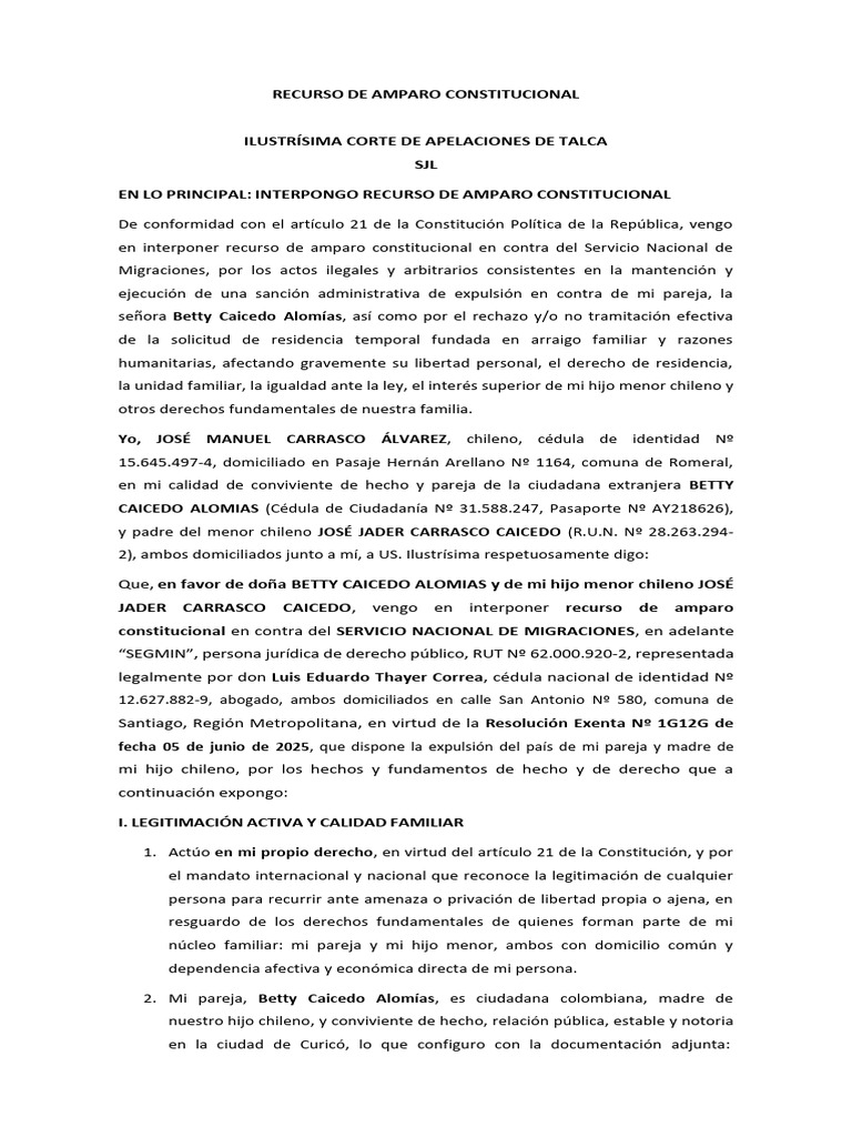 Amparo Constitucional por Expulsión Familiar | PDF | Caso de ley ...