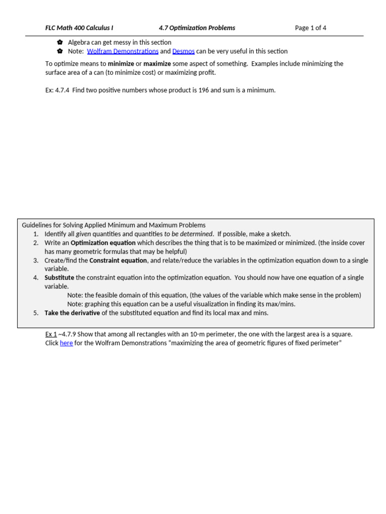 Calculus I: Optimization Problems Guide | PDF | Area | Equations