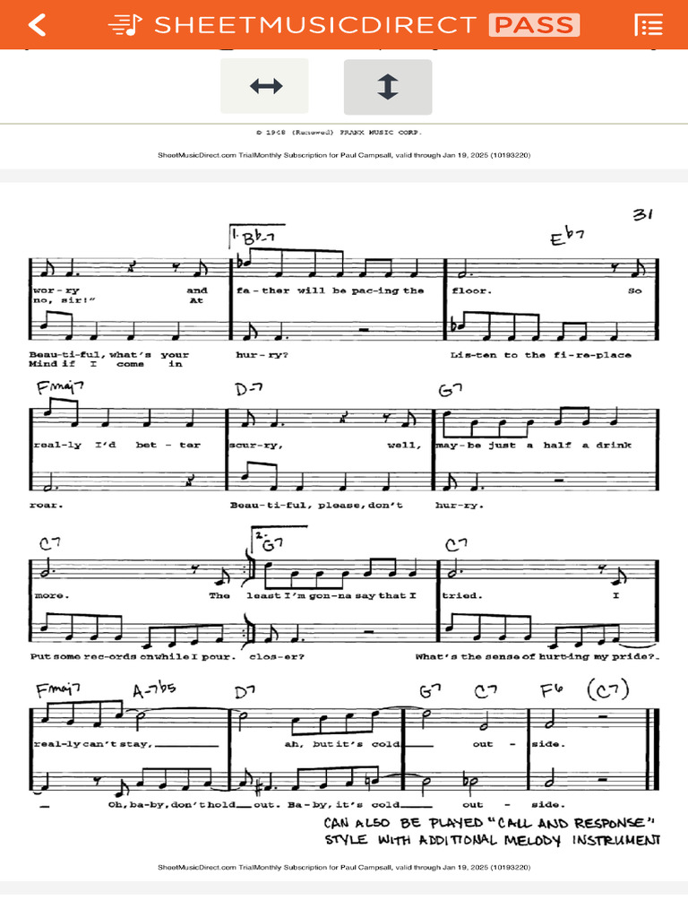 Baby, It's Cold Outside by Frank Loesser Sheet Music For Real Book ...