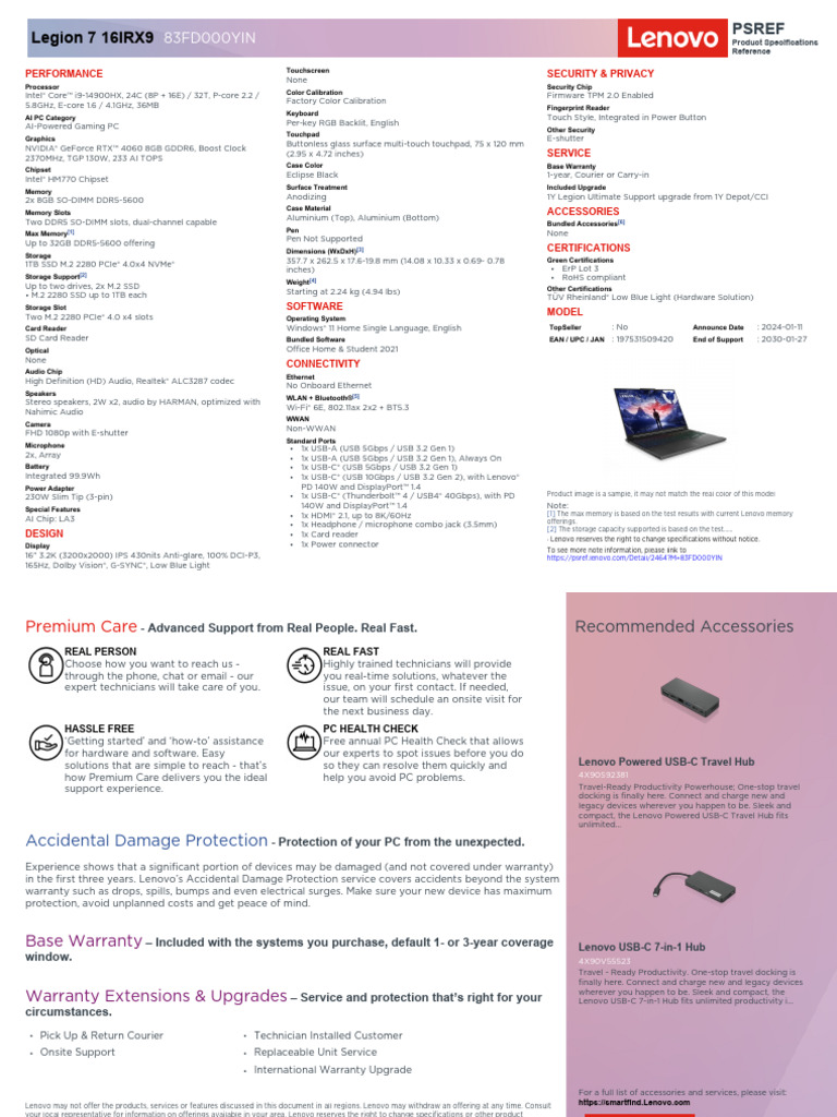 Legion 7 16IRX9 83FD000YIN | PDF | Usb | Computer Hardware