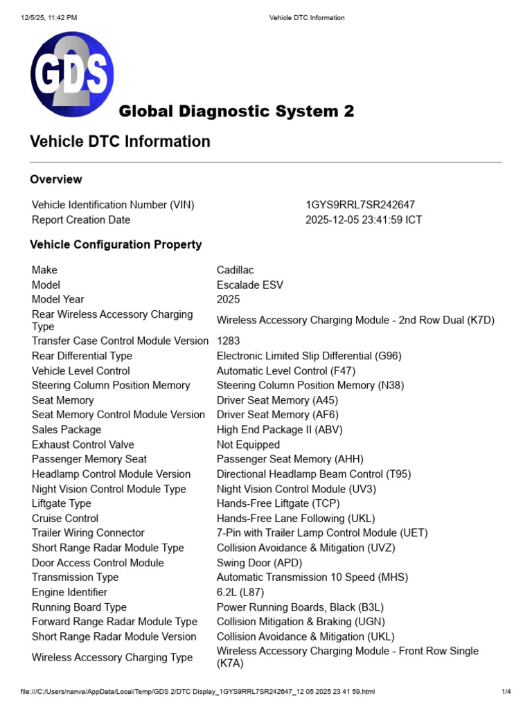 2025 Cadillac Escalade ESV DTC Report | PDF | Motor Vehicle | Vehicles