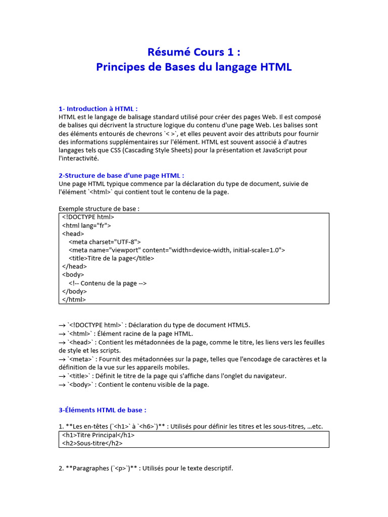 Introduction aux bases du langage HTML | PDF | Html | Élément HTML