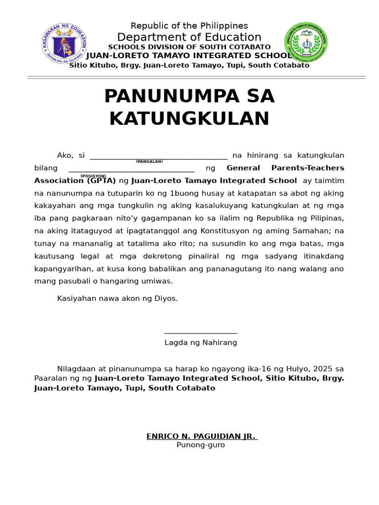 Panunumpa Sa Katungkulan Gpta | PDF