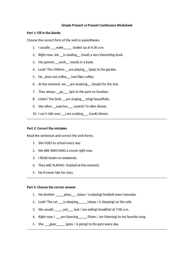 Simple Present vs Continuous Worksheet | PDF