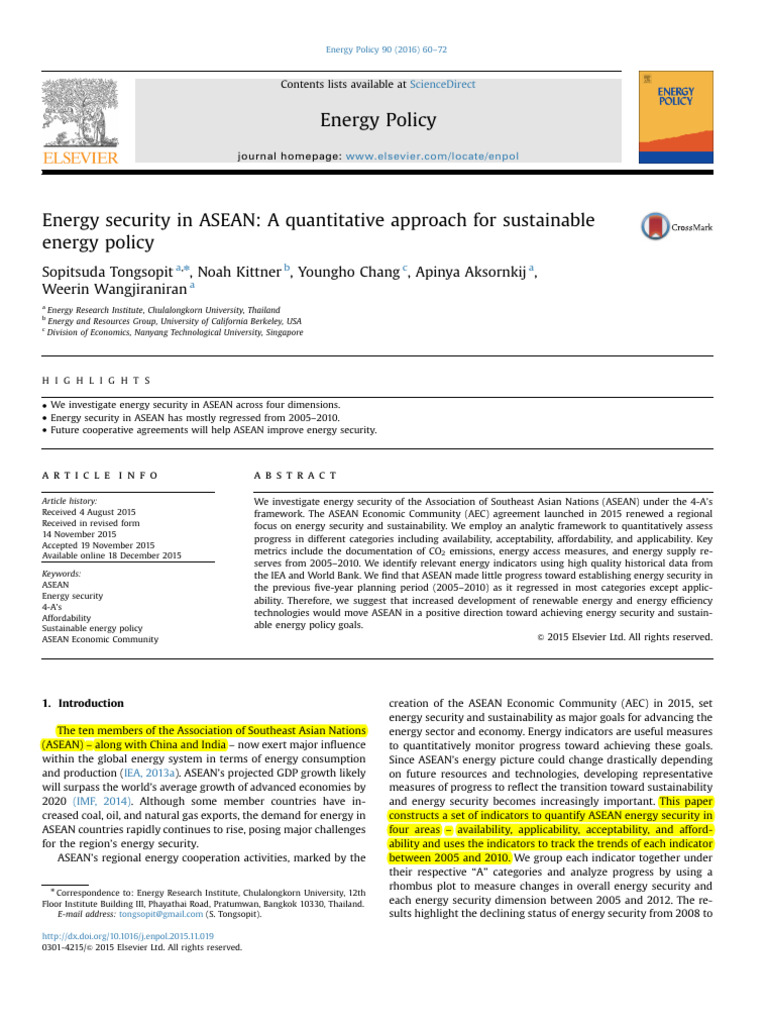 ASEAN Energy Security Assessment 2015 | PDF | Sustainability | Energy ...