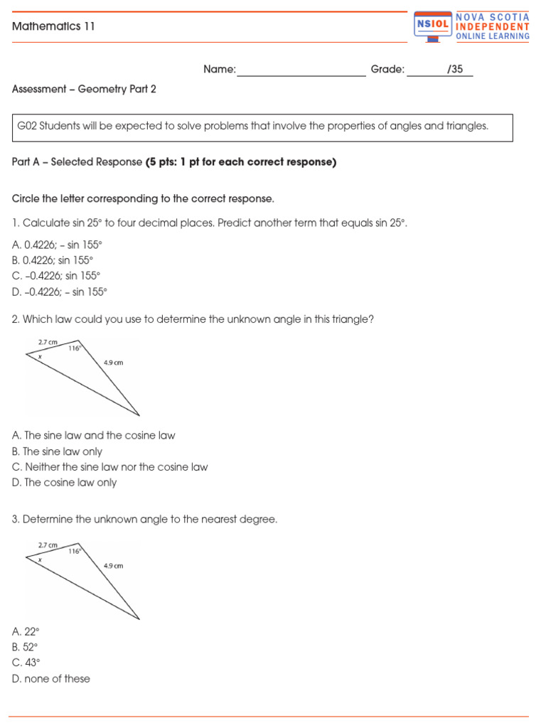 NSIOL Math 11 Unit 2 Geometry Part 2 Assessment | PDF | Geometry ...