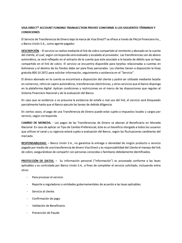 Transferencias Visa Direct en Bolivia | PDF | Transferencia bancaria ...