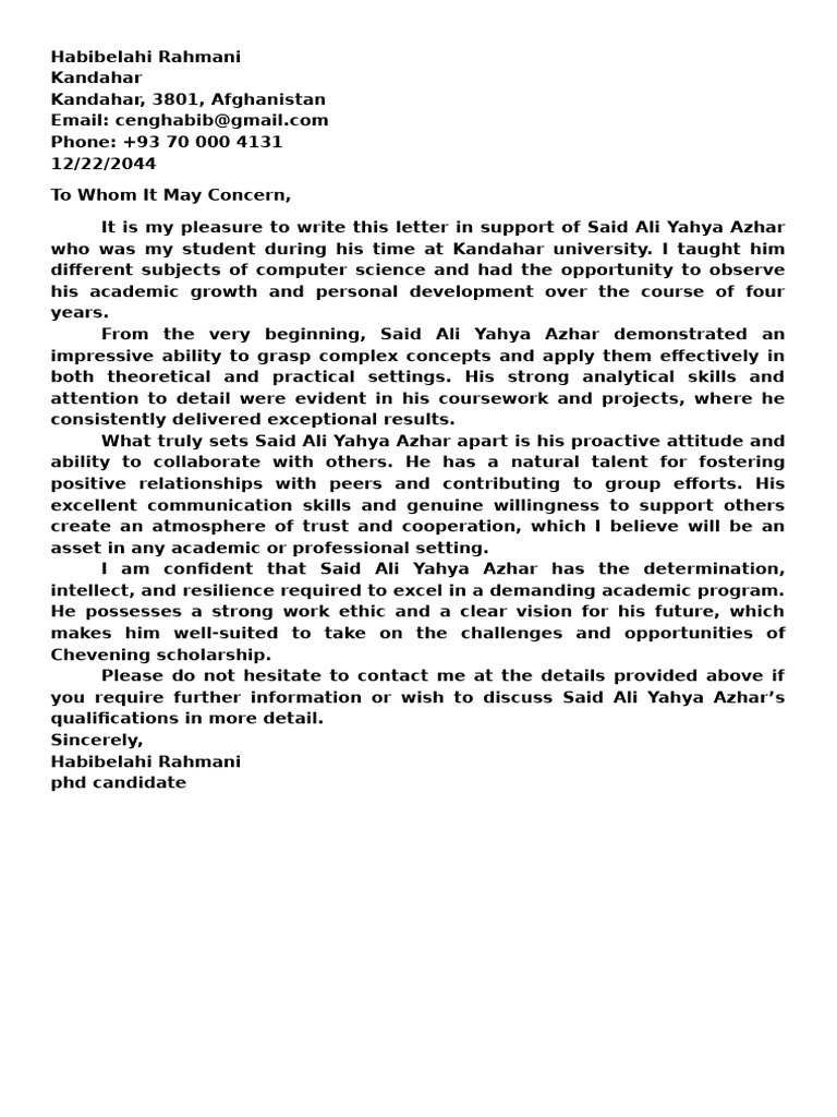 Recommendation for Chevening Scholar | PDF