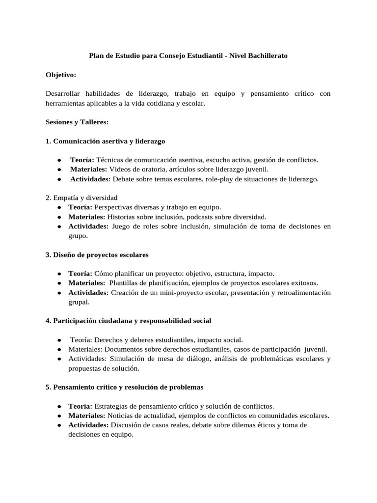 Plan de Estudio Consejo Estudiantil Bachillerato | PDF | Diseño | Liderazgo