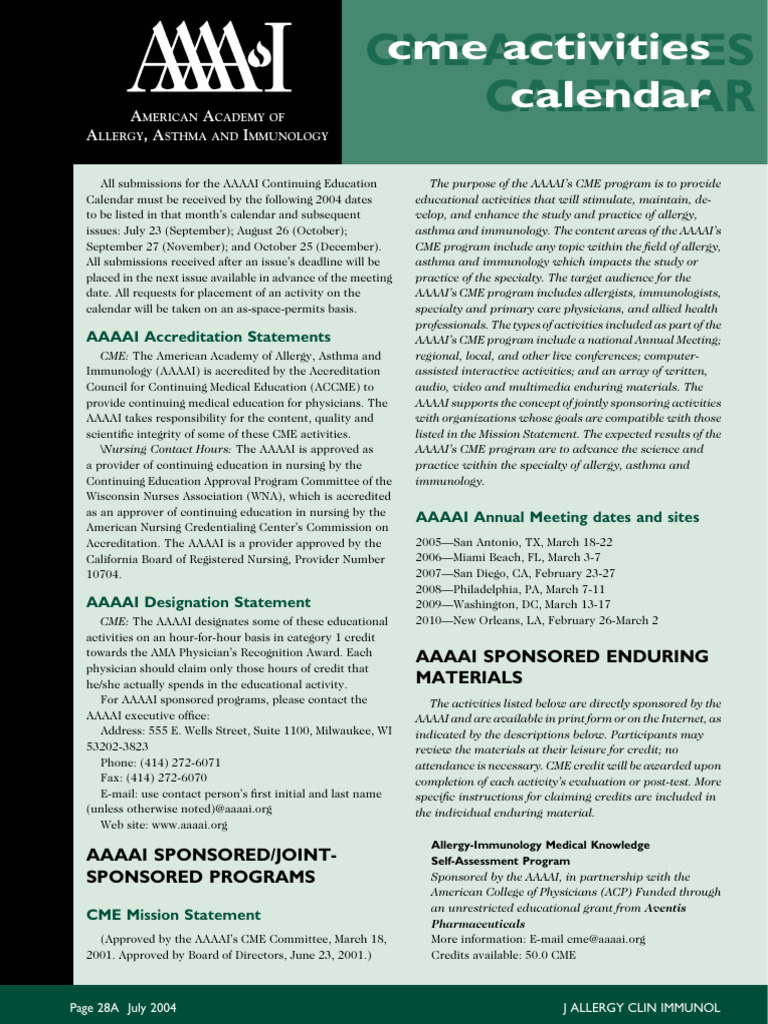 CME Activities Calendar Ymai | PDF | Allergy | Medical Specialties
