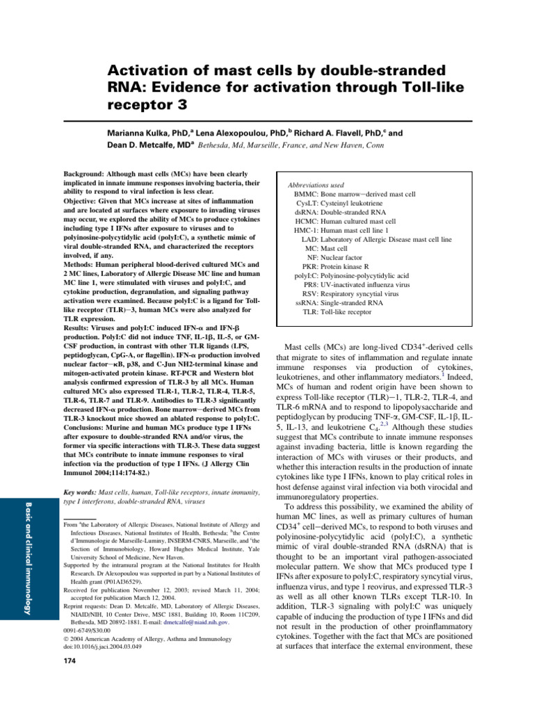 Activation of Mast Cells by Double Stranded RNA e | PDF | Toll Like ...