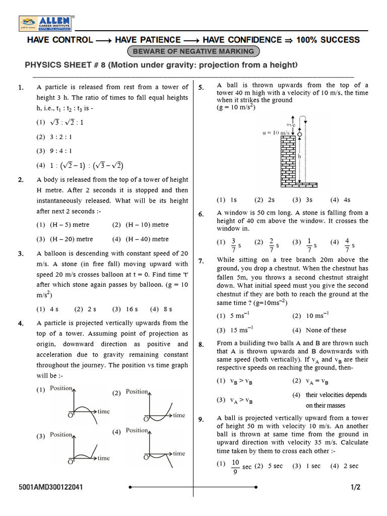 Motion Under Gravity: Problem Set | PDF | Velocity | Speed