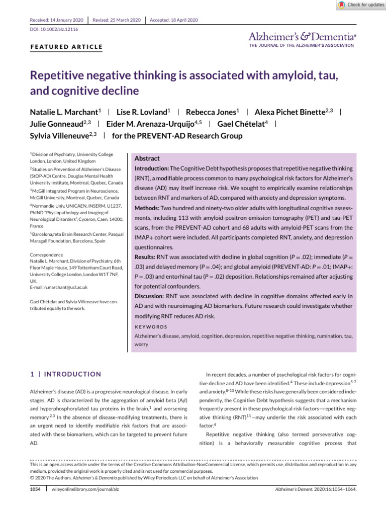 Repetitive Negative Thinking Is Associated With Amyloid Tau and ...