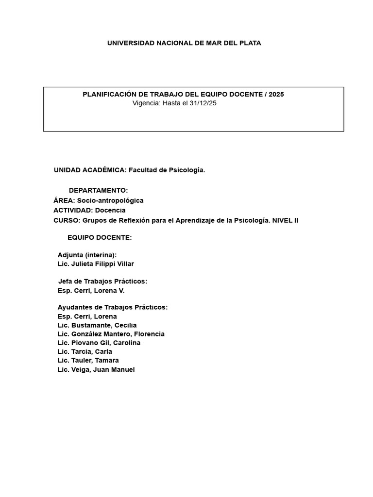 Plan de Trabajo Docente 2025 Psicología | PDF | Experiencia | Aprendizaje