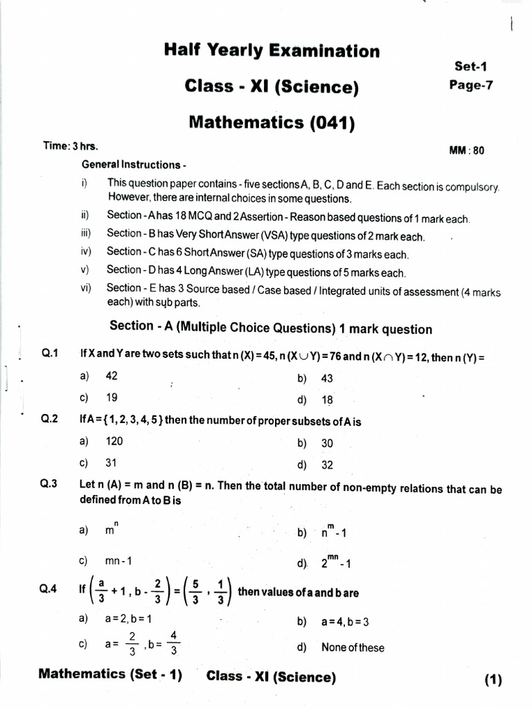 Class XI Mathematics Half-Yearly Exam | PDF | Mathematical Analysis ...