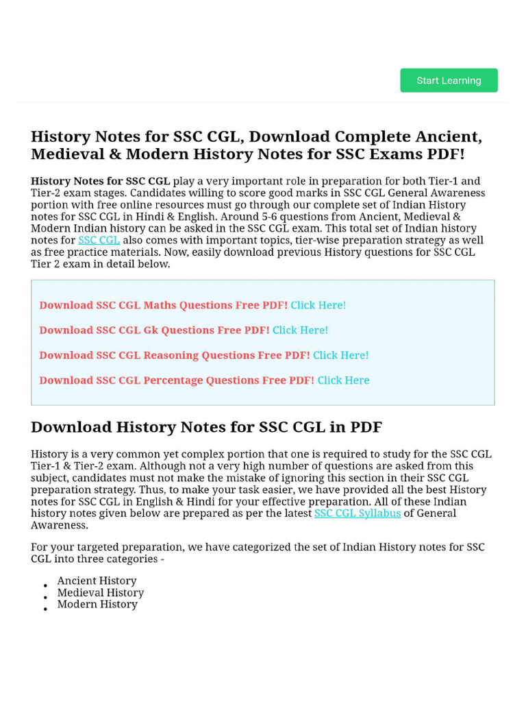 History Notes For SSC CGL, Download Complete Ancient, Medieval & Modern ...