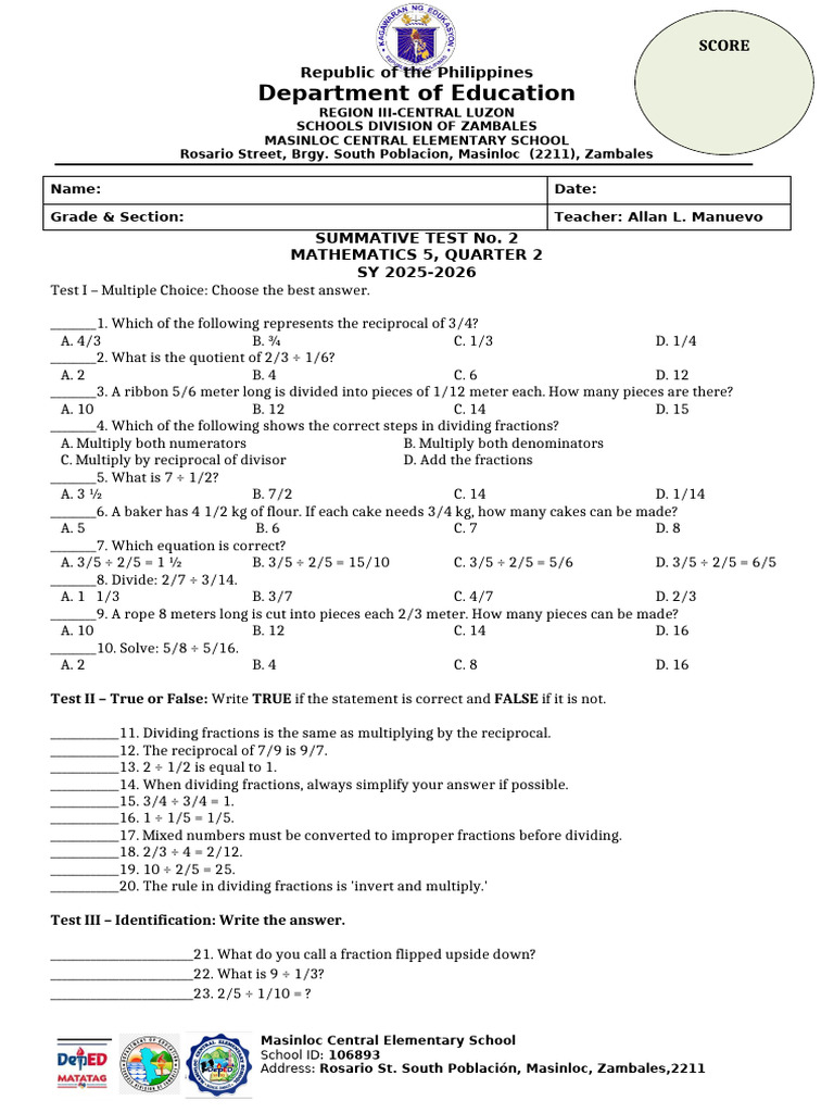 Mathematics 5 Summative Test 2 | PDF | Mathematics | Arithmetic