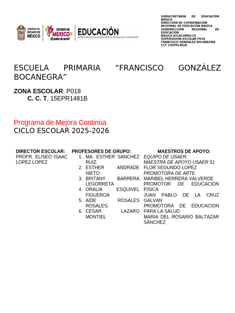 Programa de Mejora Continua Escolar 2025-2026 | PDF | Enseñando ...