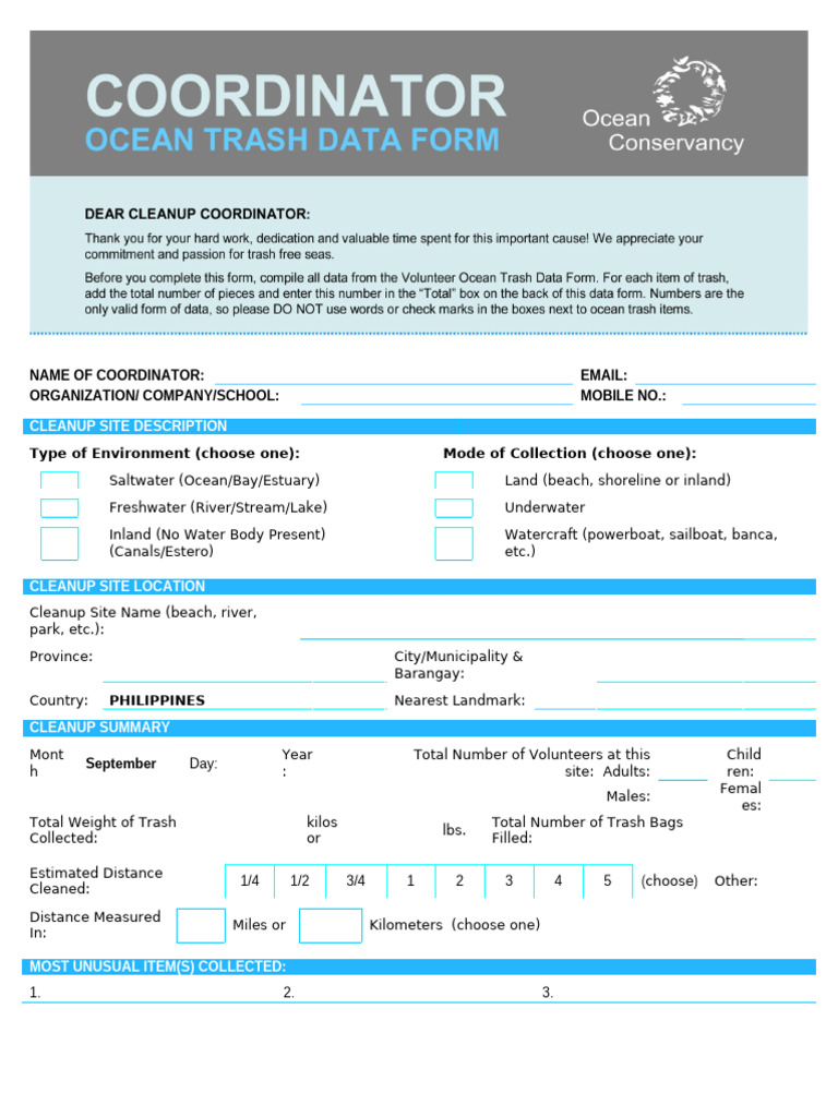 Cleanup Site Data Collection Form | PDF | Cigar | Plastic
