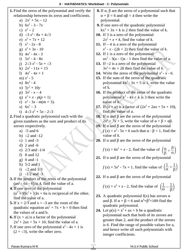 Polynomials - Worksheet | PDF | Polynomial | Zero Of A Function