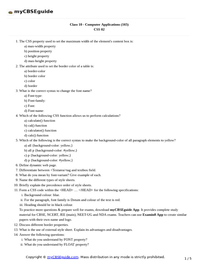 Class 10 Computer Applications CSS Guide | PDF | Html | World Wide Web