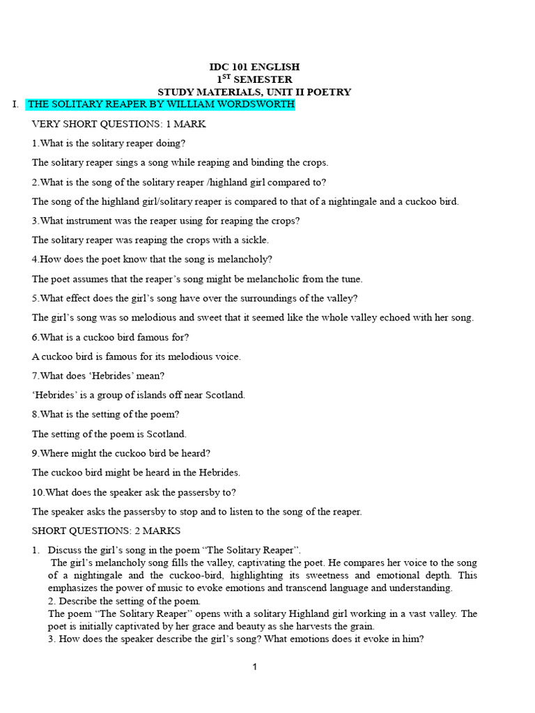 Solitary Reaper Poetry Study Guide | PDF | Poetry