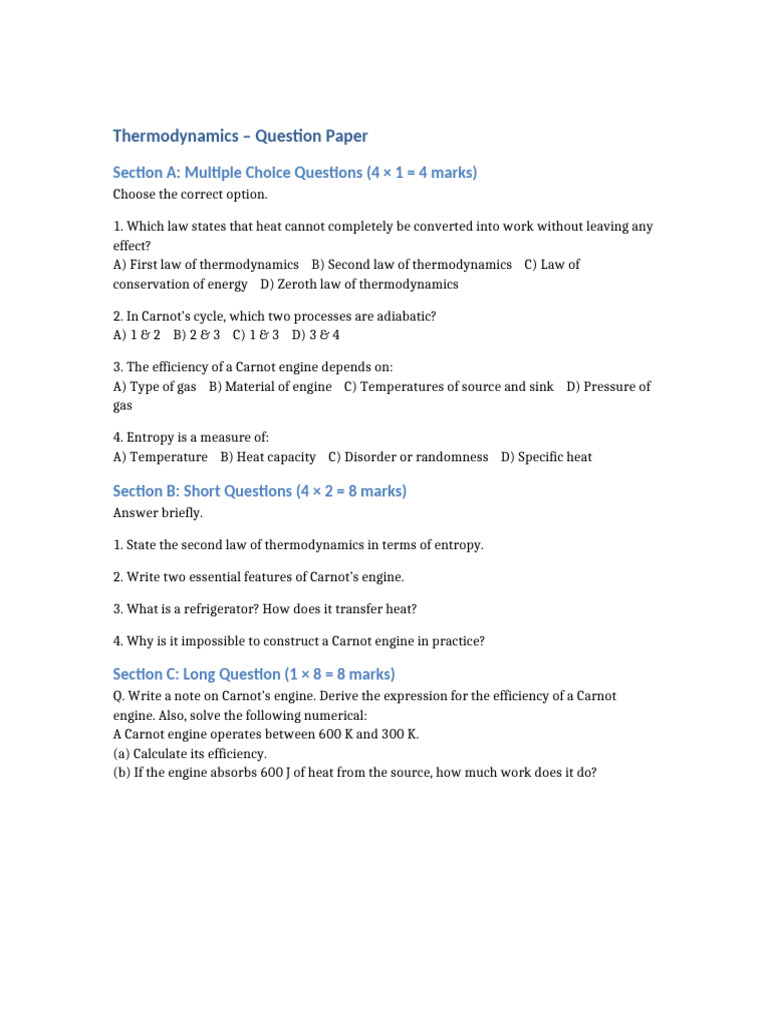 Thermodynamics Question Paper | PDF