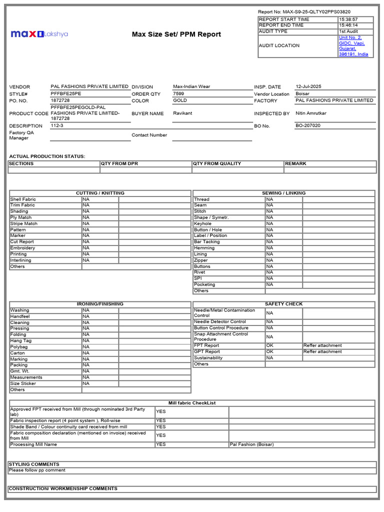 Max Size Set PPM Audit Report | PDF | Sewing Needle | Knitting