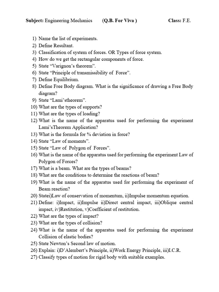 Engineering Mechanics Viva Questions Guide | PDF | Force | Center Of Mass