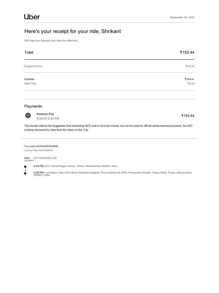 Amazon Pay Ride Receipt - Thane | PDF