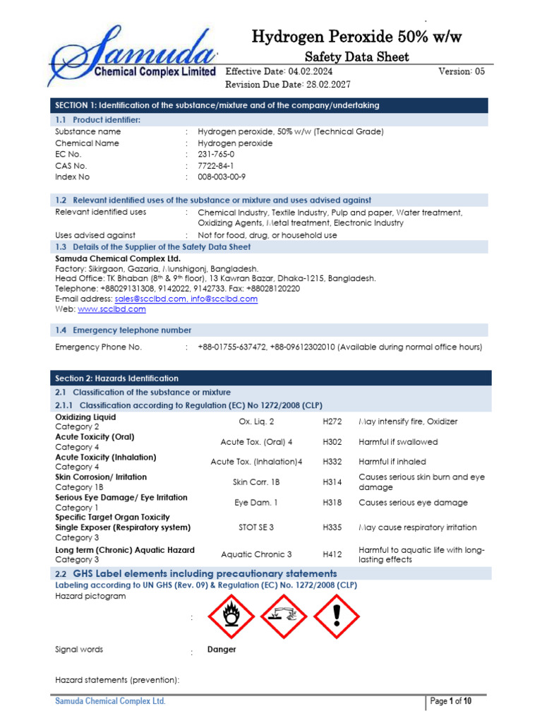 Hydrogen Peroxide 50% Safety Data Sheet | PDF | Hydrogen Peroxide ...