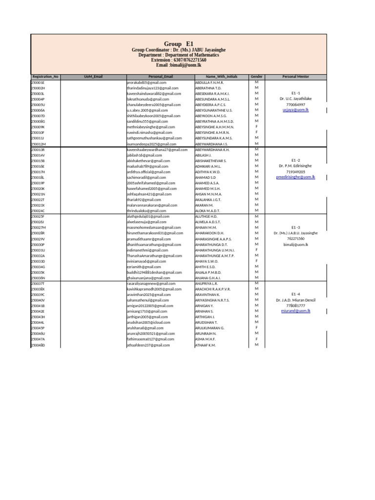 Student Registration List E1 Group | PDF