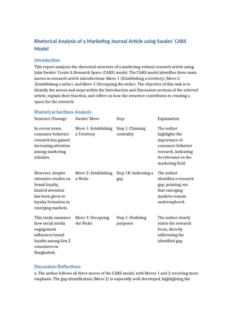 Rhetorical Analysis Using CARS Model | PDF | Marketing | Communication