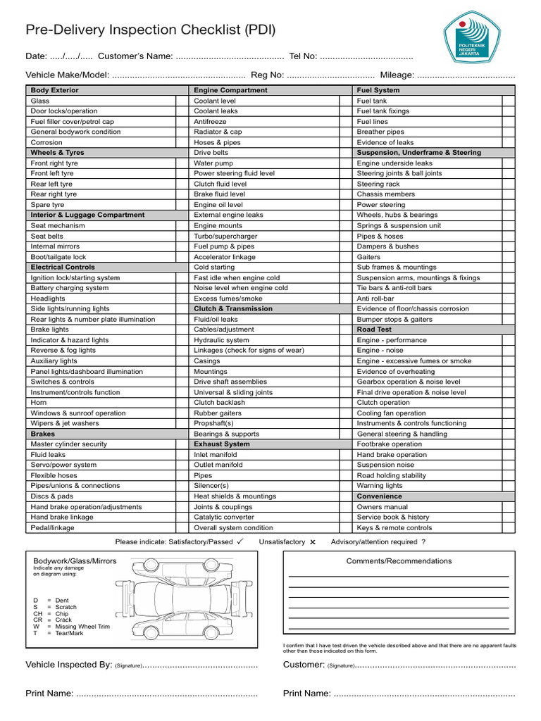 Pre-Delivery Vehicle Inspection Checklist | PDF | Steering | Brake