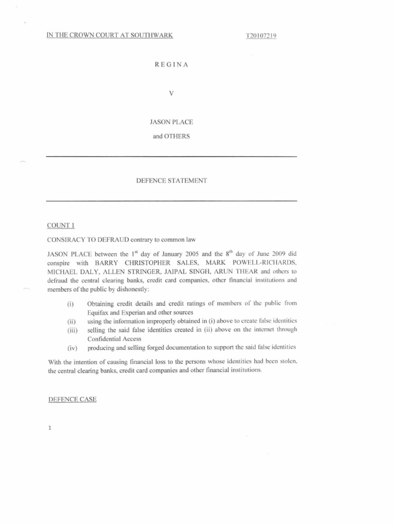 Jason Place's Original Defence Statement PDF Fraud Identity Theft