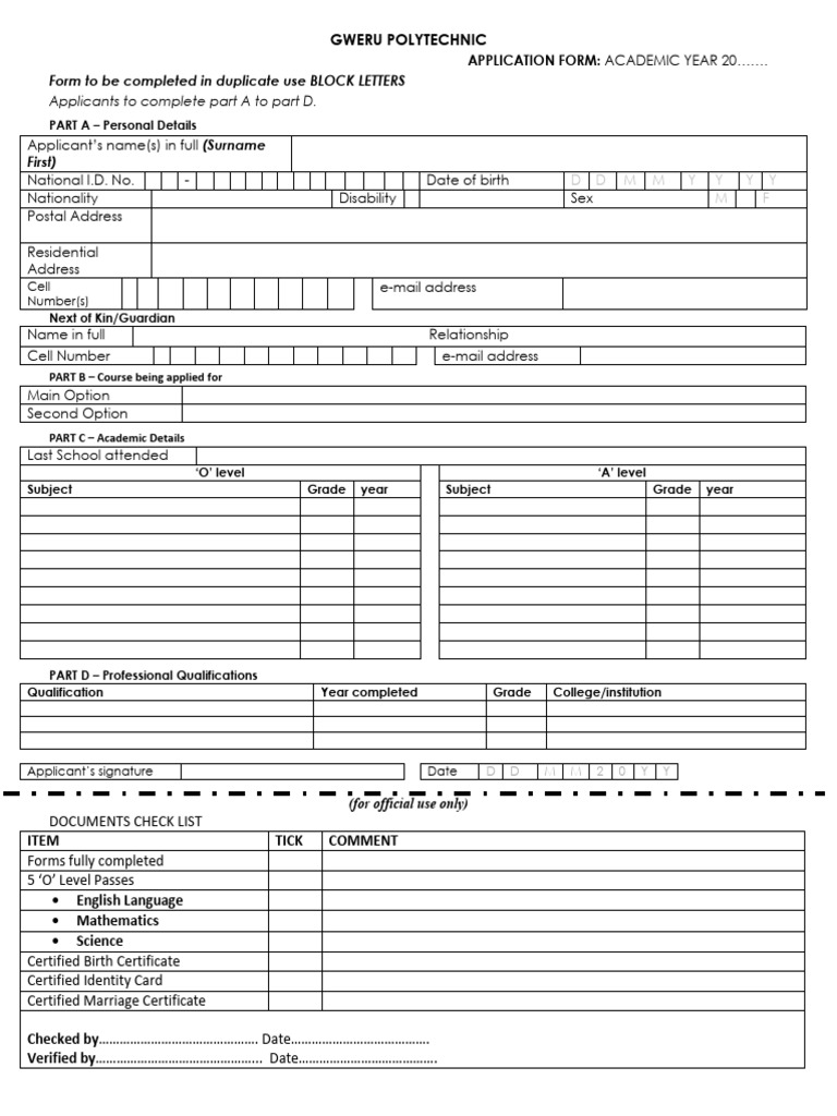 Gweru Polytechnic Application Form | PDF | Birth Certificate | Identity ...