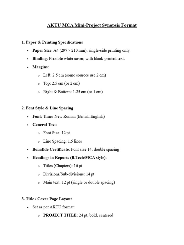 AKTU MCA Mini-Project Format Guide | PDF | Times New Roman | Table Of ...