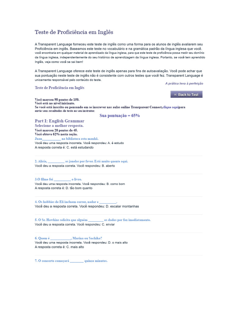 Teste de Proficiência em Inglês Online | PDF | Aprendizado | Língua inglesa