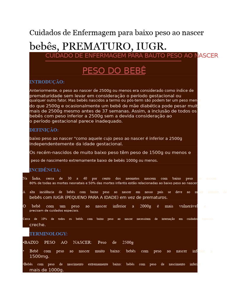 Cuidados de Enfermagem para Bebês com Baixo Peso | PDF | Bebês ...