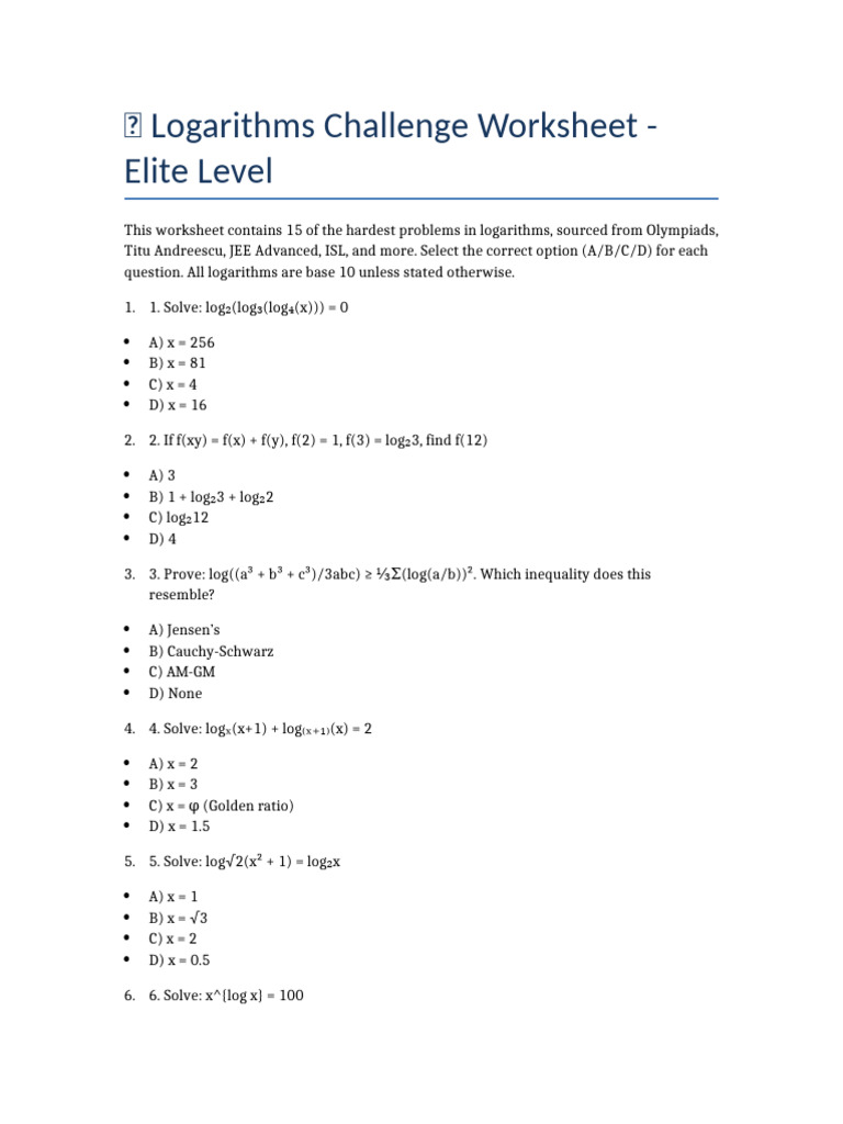 Elite Logarithms Challenge Worksheet | PDF