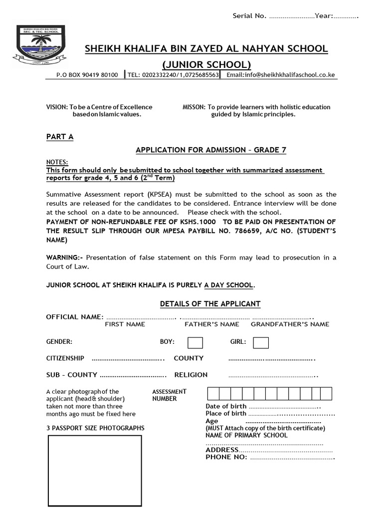 Grade 7 Admission Application Form | PDF