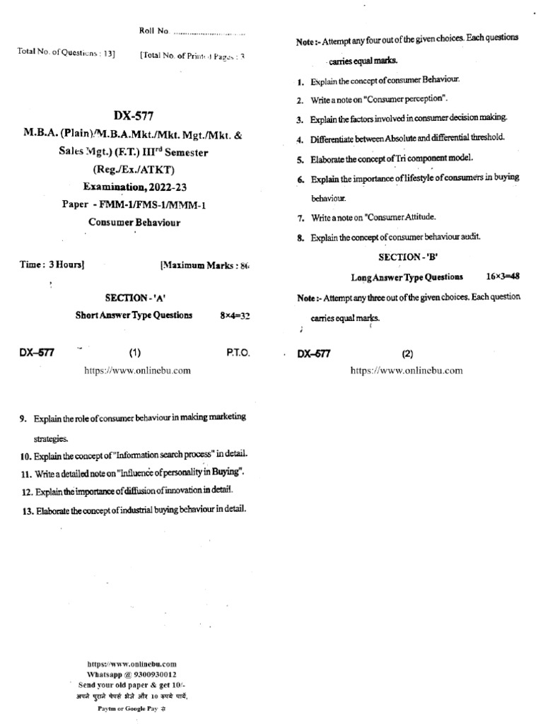 Mba 3 Sem Consumer Behaviour Dx 577 2023 | PDF