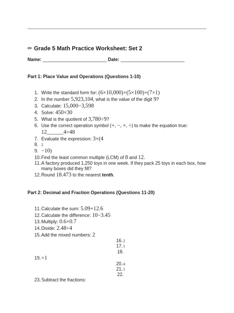 Grade 5 Math Worksheet Set 2 | PDF | Mathematics | Discrete Mathematics