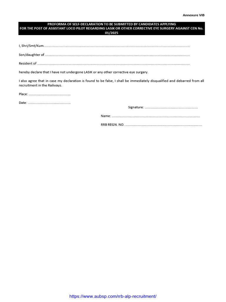 Aubsp-com Alp_proforma of Self-Declaration to Be Submitted by Candidates Applying Lasik | PDF