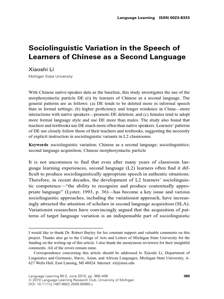 Sociolinguistic Variation in Chinese CSL | PDF | Second Language ...