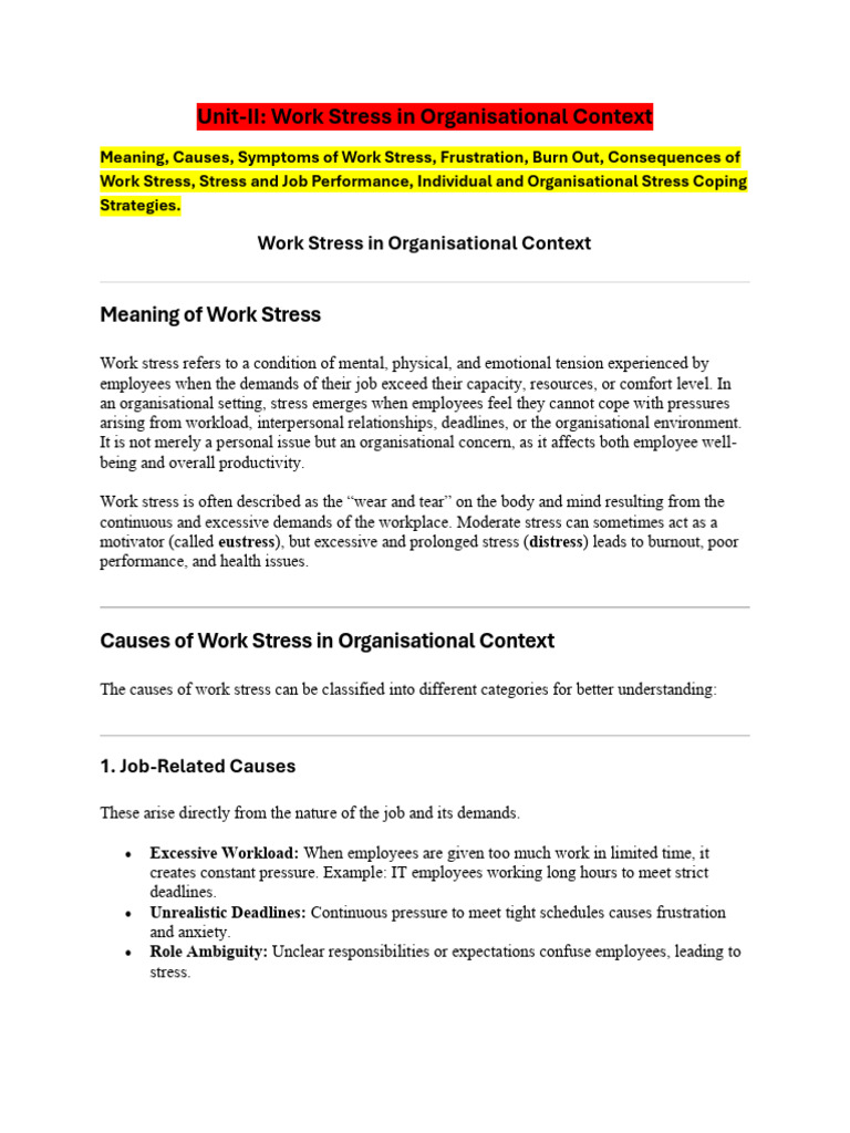 Unit-2 Work Stress Management | PDF | Occupational Stress | Stress ...